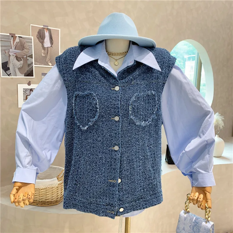 

New Women's Clothing 2022 Spring Loose design vest coat + Lantern Sleeve Shirt Top two-piece set blusa feminina