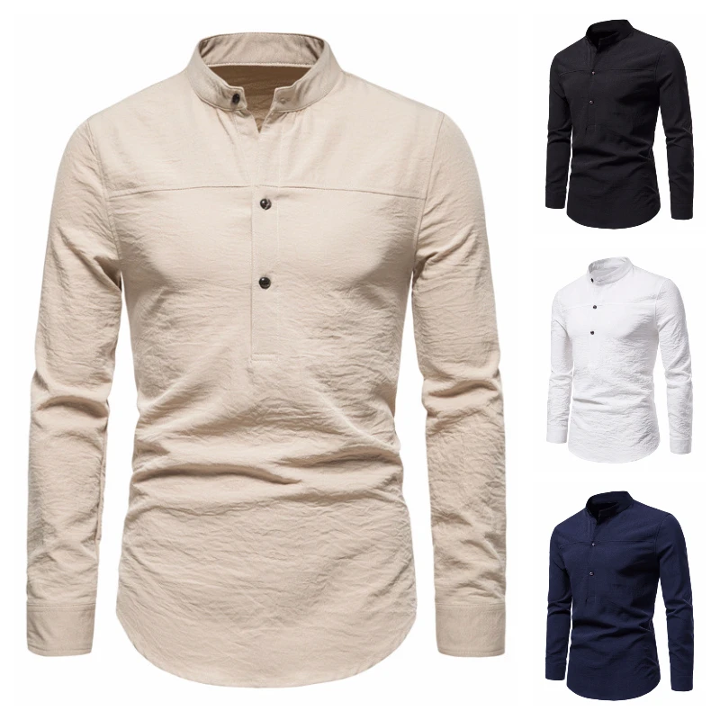 

European version of foreign trade business men's vertical slightly elastic long sleeve stand collar linen shirt-f40