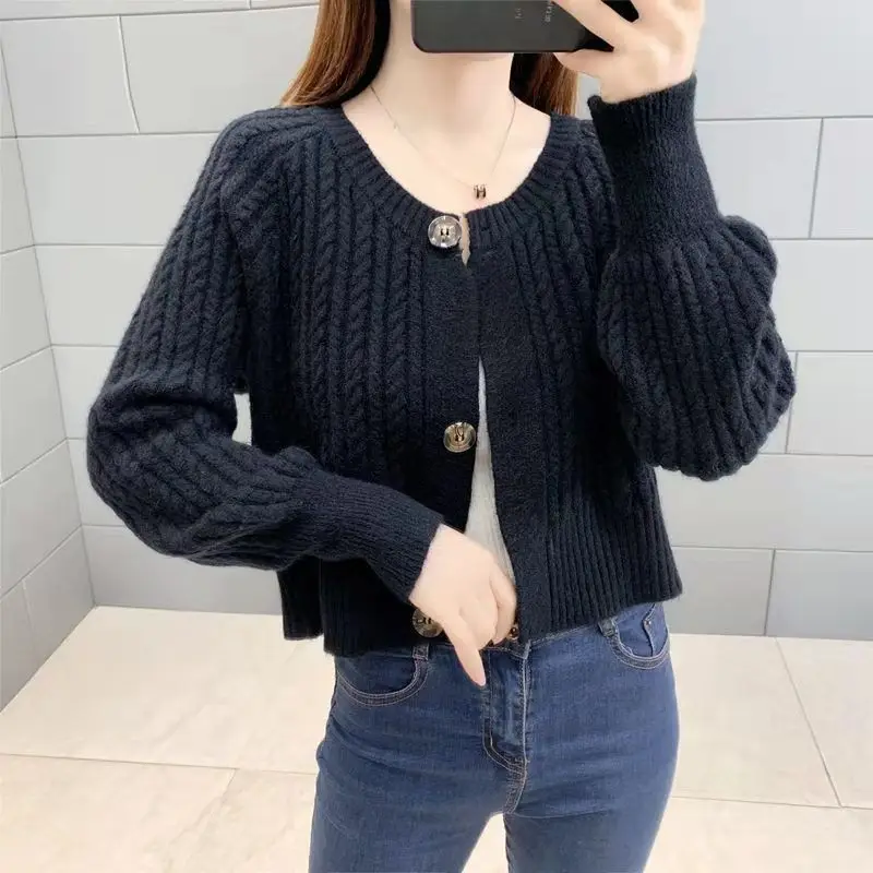 

Black Knitted Cardigans Sweater Fashion Autumn Long Sleeve Loose Coat Casual Cloth Button Short V Neck Tops Clothes for Women