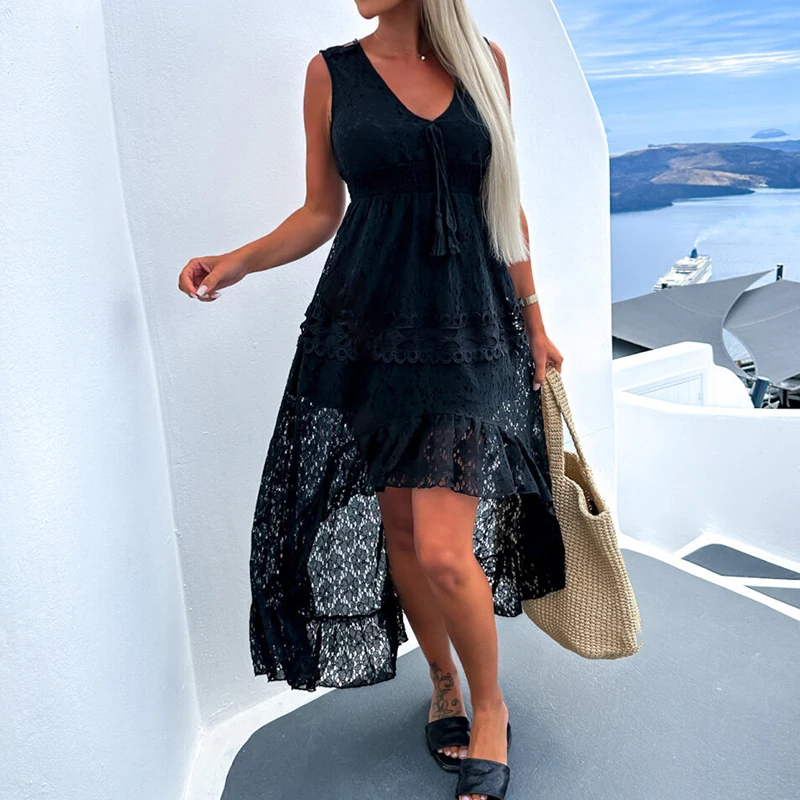 

Женское элегантное однотонное кружевное платье с вышивкой, летнее модное пляжное платье без рукавов с V-образным вырезом, женское повседневное пляжное платье с высокой талией