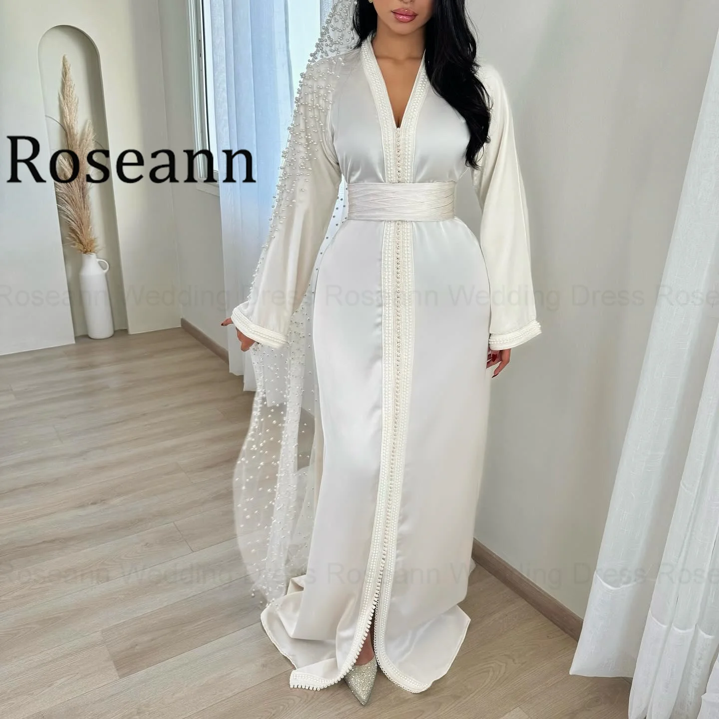 Фото Свадебное платье Roseann в богемном стиле 2026: Красивое женское платье-кафтан с V-образным вырезом и поясом для помолвки, свадебное платье в стиле бохо 2026 №3