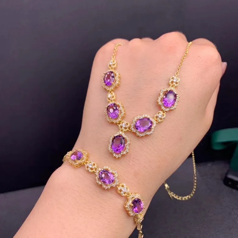 

2022 Newest Necklace Bracelet Set Brand New 925 Sterling Silver Natural Amethyst Women's Jewelry Set Free Shipping
