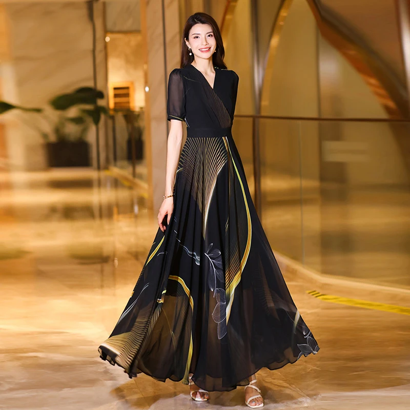 Новое женское летнее черное платье с принтом Мода V-образным вырезом короткий