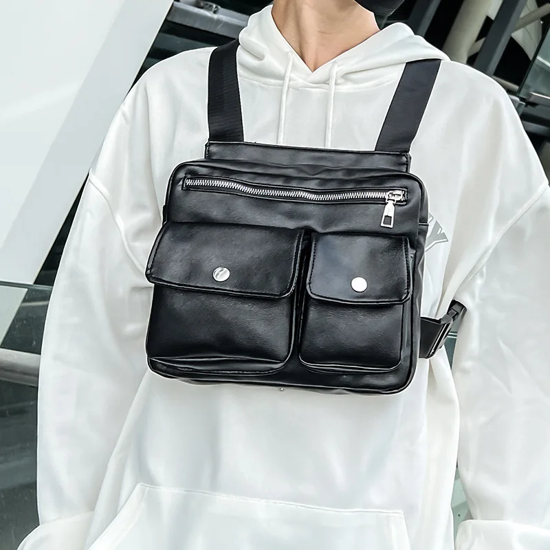Leather Functional Tactical Chest Bag For Men Fashion Streetwear Hip Hop Vest Bag Casual Waist Pack Black Brand Man Back Rig Bag