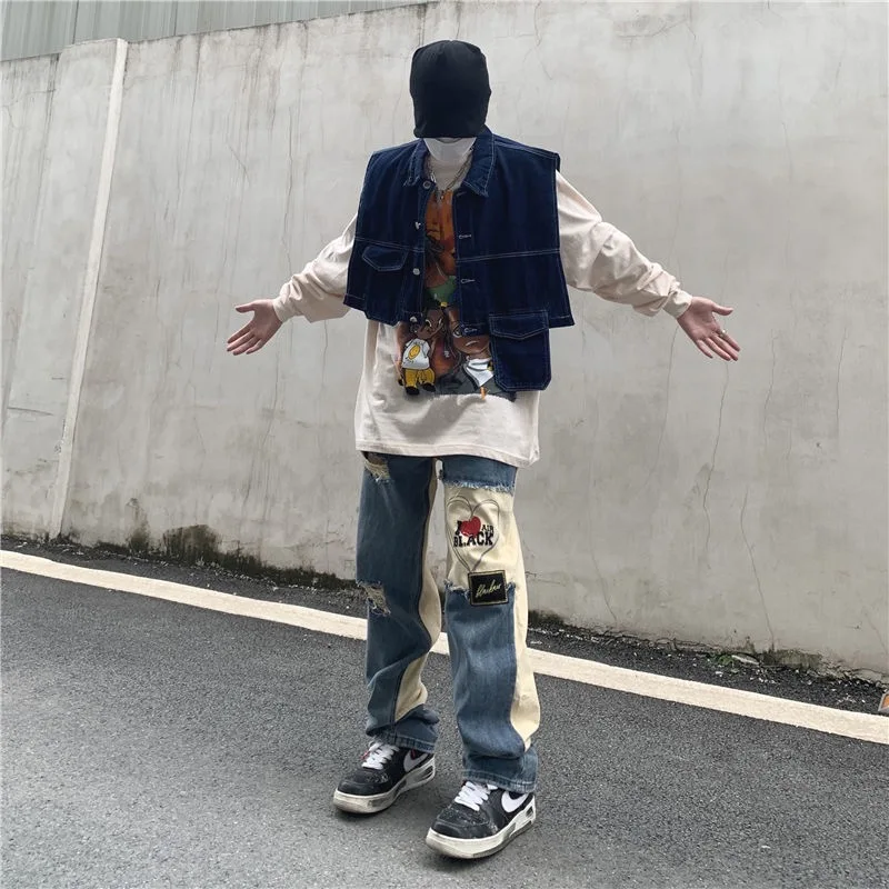 DEEPTOWN Patchwork Ripped Men Jeans Straight Hole Denim Pants Y2K Streetwear Trousers Male Fashion Loose Casual Japanese Spring