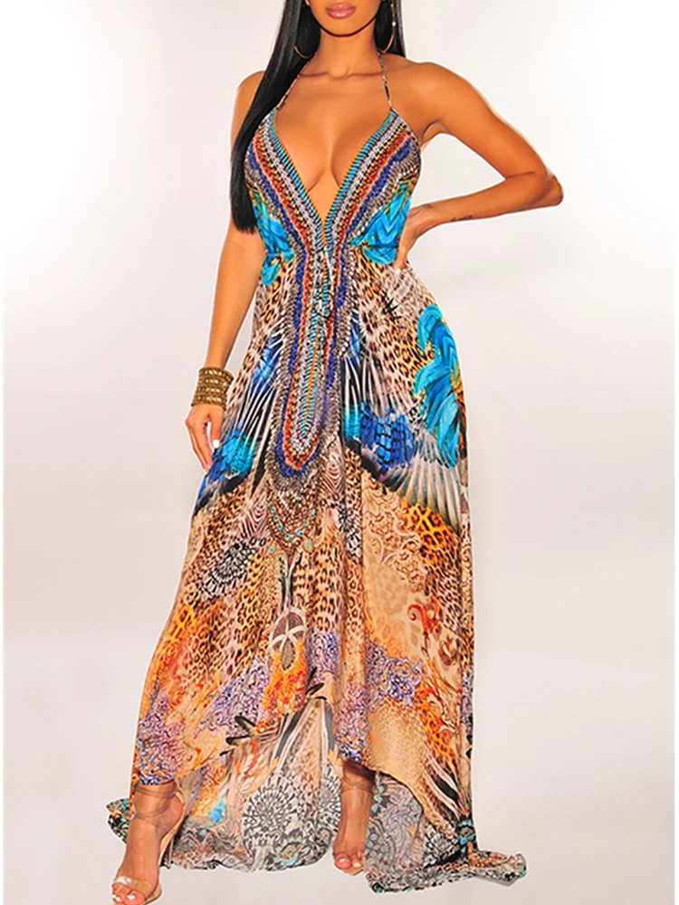 

2022 Summer Bohemia Retro Sleeveless V-Neck Sexy National Style Backless Long Dress Printed Sling Irregular Swing Dress