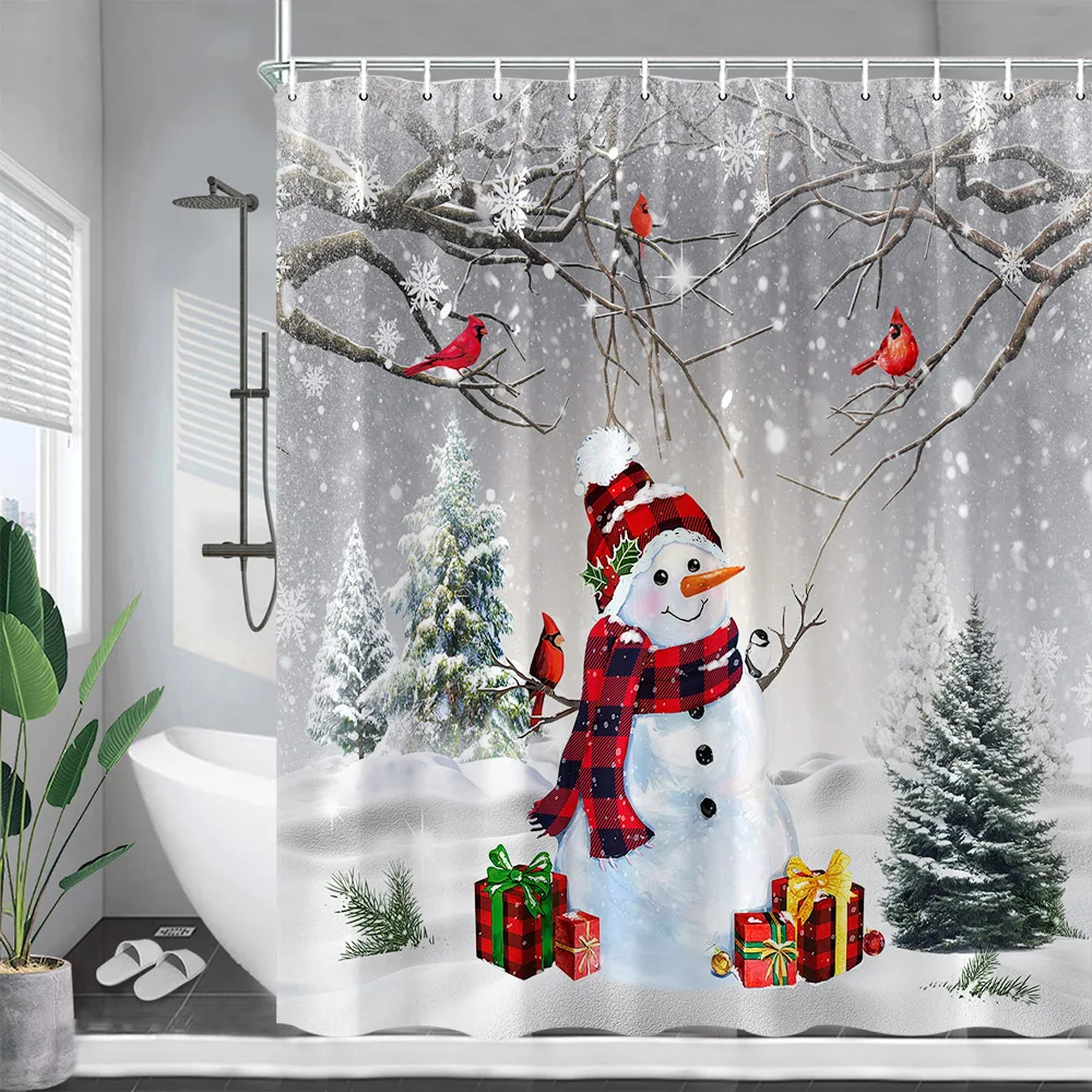 

Funny Snowman Christmas Shower Curtains Winter Forest Cedar Red Birds New Year Gift Xmas Home Wall Hanging Fabric Bathroom Decor