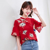 female 2022 chinese style stand up collar womens chiffon shirt summer improved cheongsam top casual retro buckle red blouses