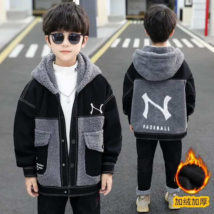 

Winter Coat 2022 Boys Clothing Jackets Parka Clothes Medium Long Coat Windbreaker Plaid Thicken Lamb Children Woolen Coat 7-12y