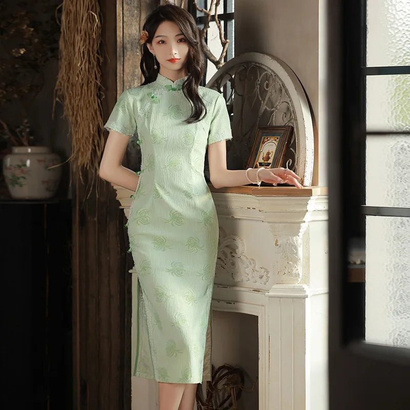 

Женское шифоновое платье-Ципао с коротким рукавом и воротником-стойкой