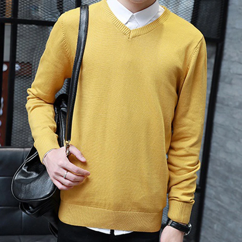 

Men Solid Color V Neck Long Sleeve Slim Pullover Plus Size Knitwear Sweater