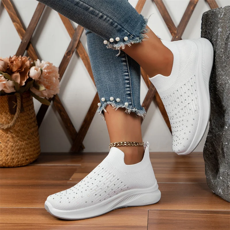 2023 New Crystal Breathable Mesh Sneaker Shoes for Women Comfortable Soft Bottom Flats Plus Size 43 Non Slip Casual Shoes Woman