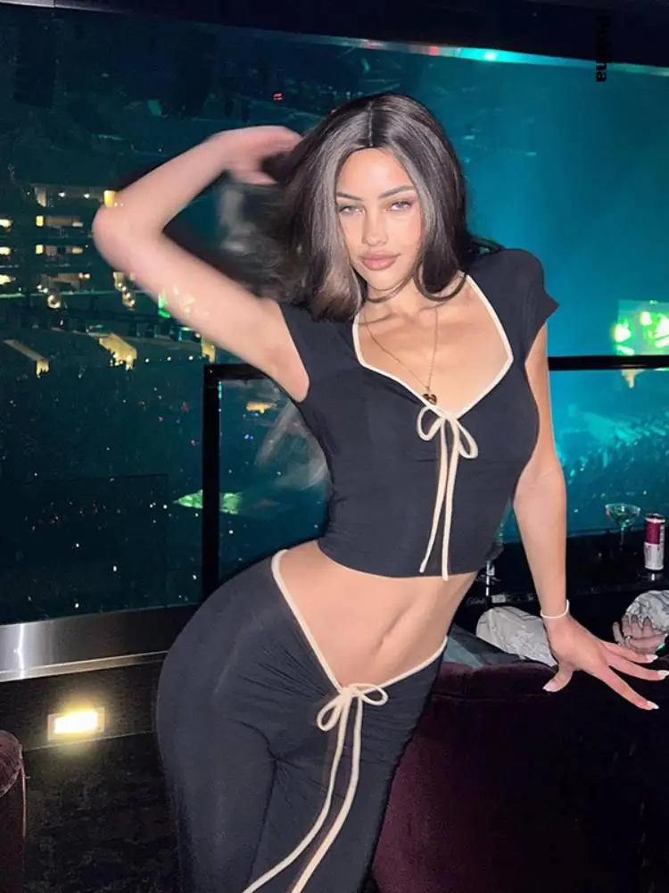 

Однотонный сексуальный элегантный укороченный топ с коротким рукавом, комплект из 2 предметов, Женский клубный короткий топ и брюки, подходящие комплекты, футболка Y2k