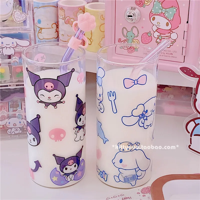 Kawaii Sanrio Straw Cup Cinnamoroll Kuromi My Melody Cartoon Portable Transparent Child Sippy Cup Glass Milk Juice Drink Cup