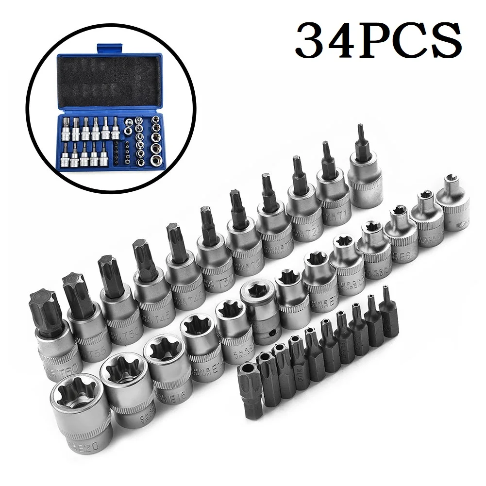 

34Pcs Torx Star Sockets Bit Set 3/8'' T10 15 20 25 27 30 40 45 50 55 60 Male Female E-Security Drive Handheld Tool