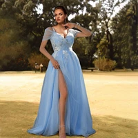 sky blue formal evening dress 2022 tulle v neck appliques a line long party gown prom dress with slit vestidos de noche