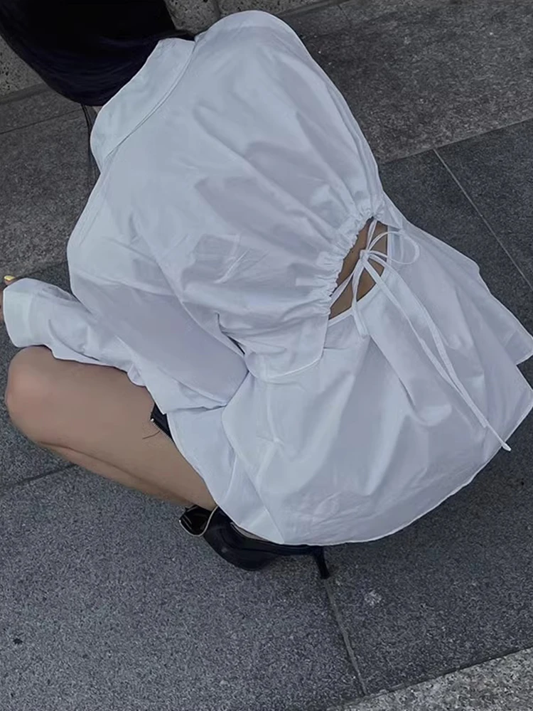 Женская блузка с вырезами на спине рубашка длинным рукавом и воротником