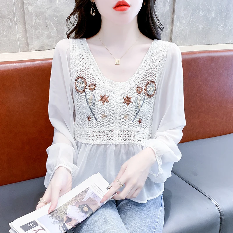 

Girls Vintage Chiffon Stitching Hollow Out Jacquard Weave Blouse Women Clothing Female Fashion Casual Cute Womens Tops BPy1940