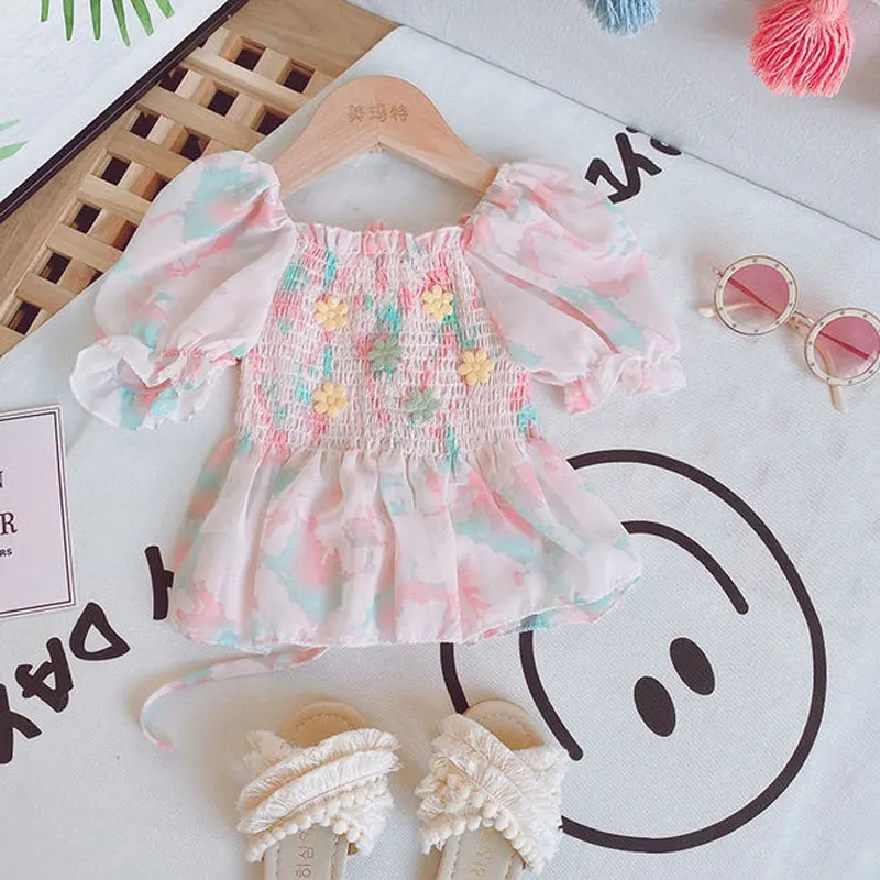 

Girls Summer 2022 New Arrival Children's T-shirt 1-6Year Baby Girls Short Sleeved Floral Fashion Princess Tops