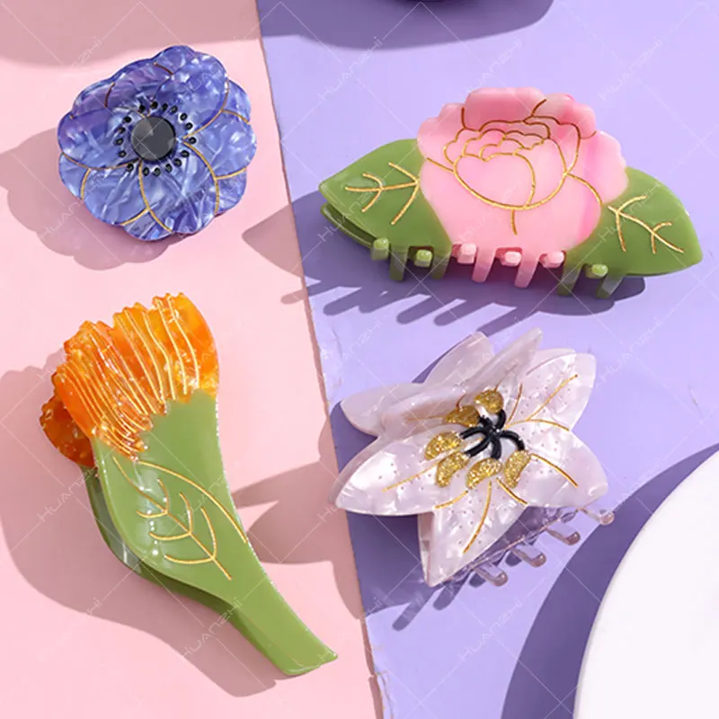 

Pink Flower Orange Bouquet Lily Hair Claws for Women Girl Trendy Jewelry Blue Yaru Chrysanthemum Hair Clip HUANZHI INS Headwear
