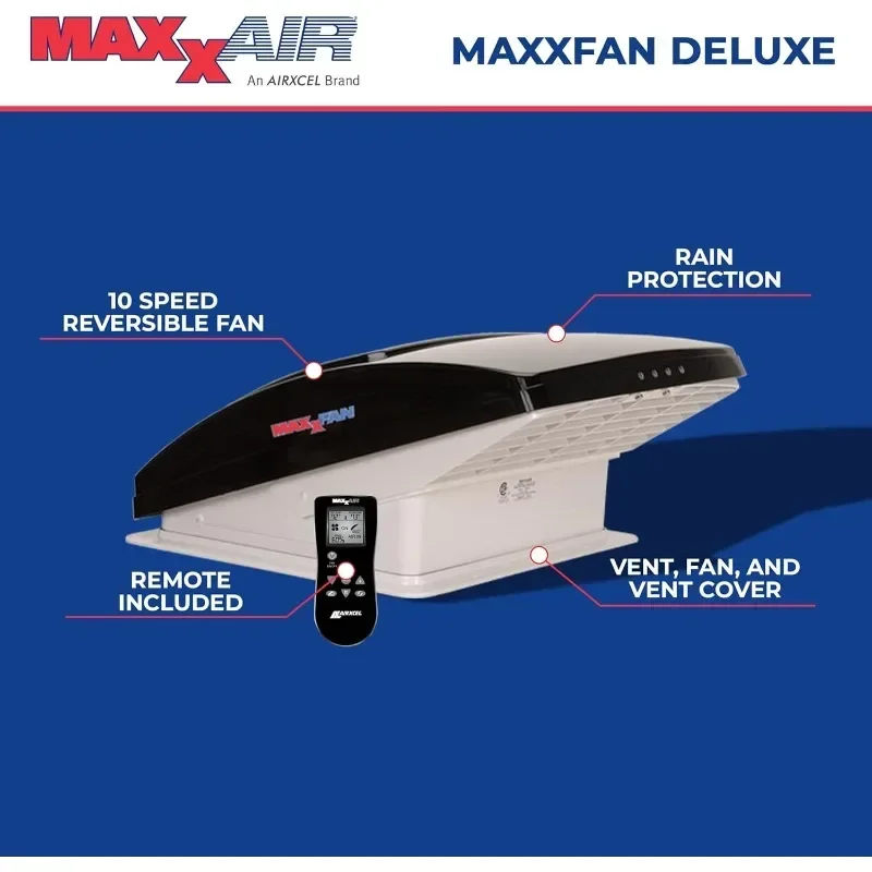 Фото Maxxfan Deluxe Vent, вентилятор и крышка вентилятора «все в одном» — мощный 10-скоростной реверсивный вентилятор, встроенный дождевик, пульт дистанционного управления №3