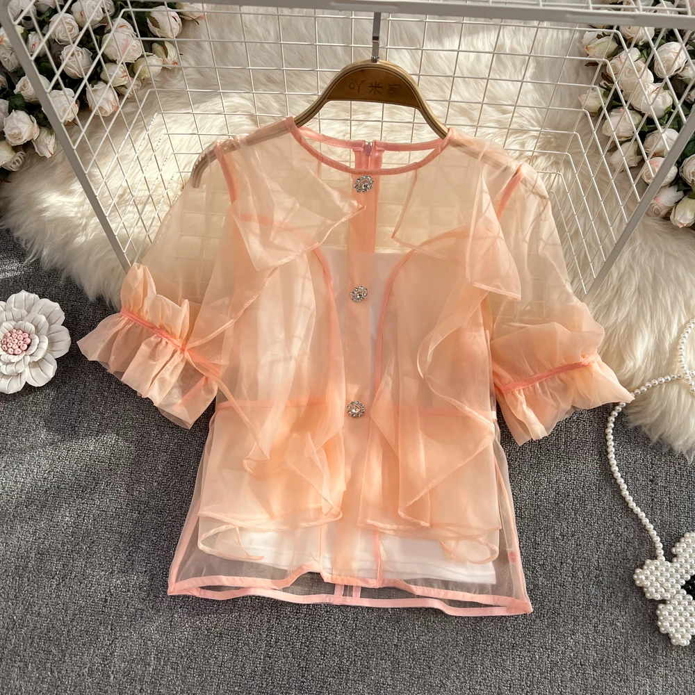 

SuperAen Round Neck Beaded Flounced Chiffon Shirt Blouse 2022 Summer New Sweet Short Sleeve Gauze Blouse