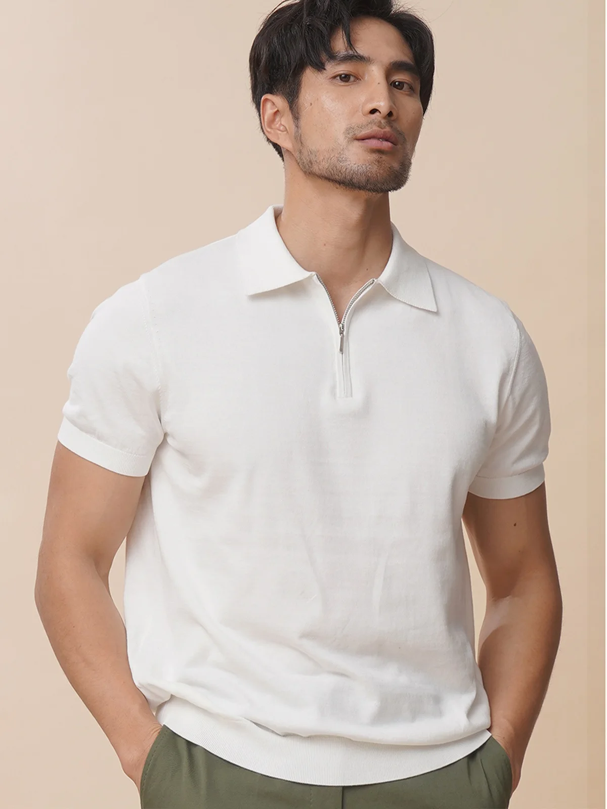 Light Luxury Zip-up Polo Shirt Lapel Short sleeve T-shirt Men's Summer Lightweight Retro Ice Silk Knitting Half Sleeve T-shir...