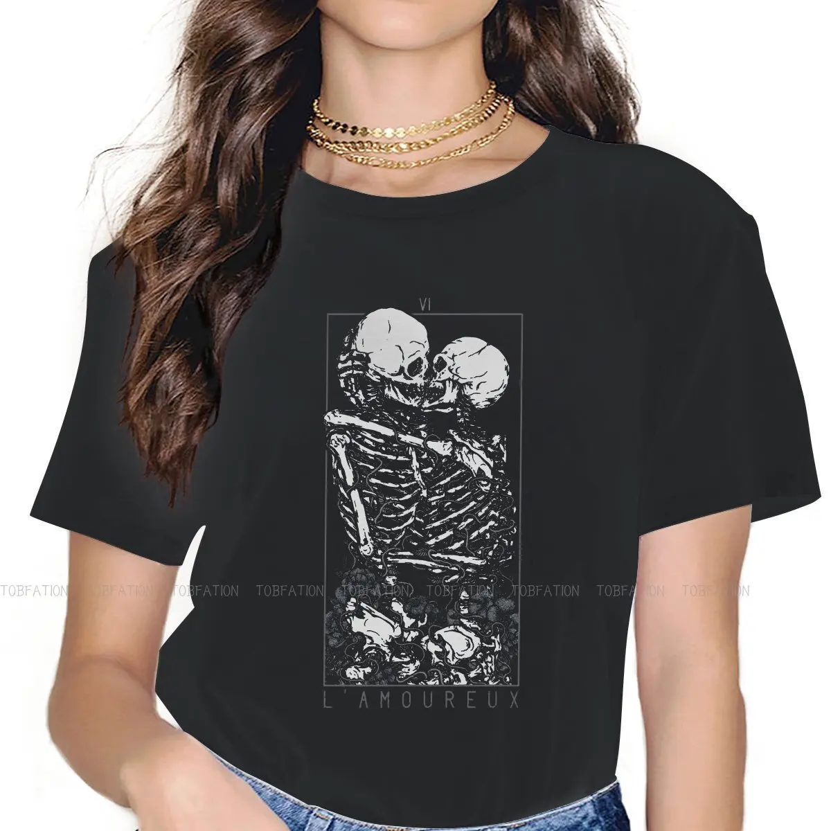 

Skull Illustration Women T Shirt The Lovers Female Tops 4XL Graphic Kawaii Tees Ladies Cotton Tshirt
