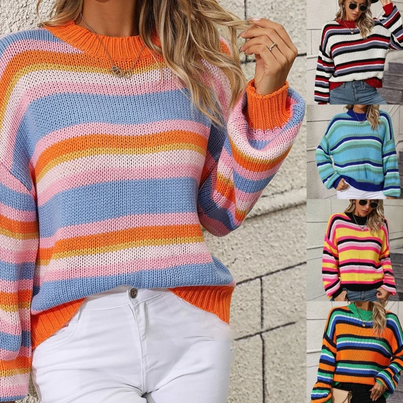 

F42F Winter Round Neck Knitted Tops Womens Long Sleeve Sweaters Loose Tops