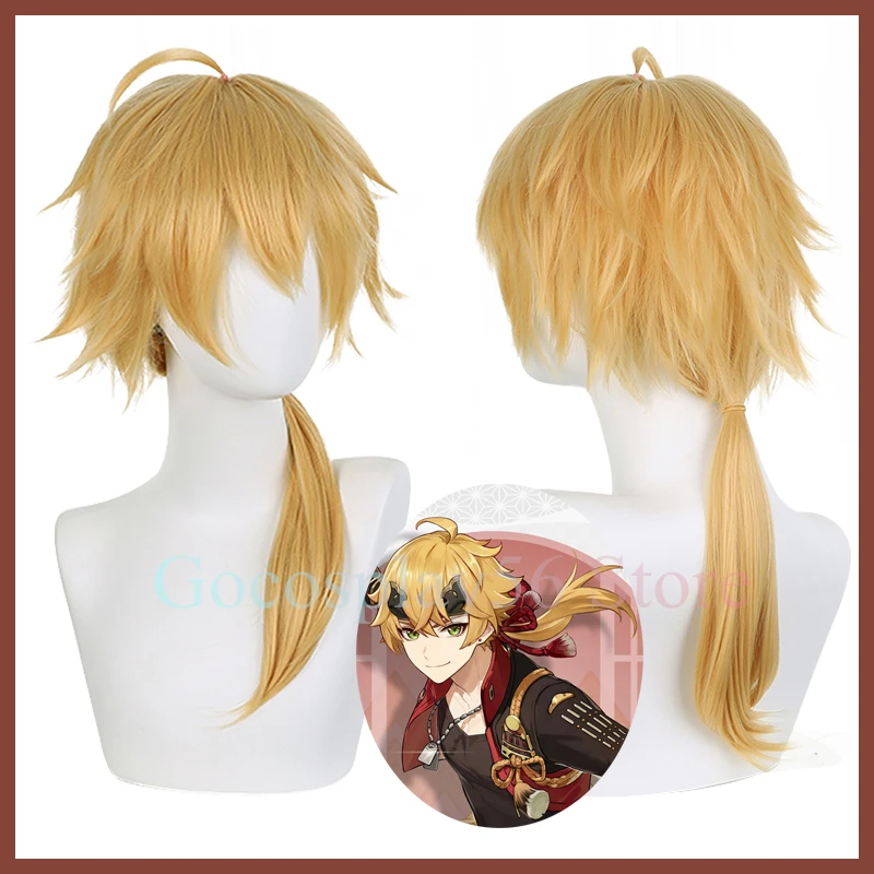 

Genshin Impact Cosplay Thoma Wig Ponytail Tohma Blonde Golden Heat Resistant Hair Halloween Game Role Play