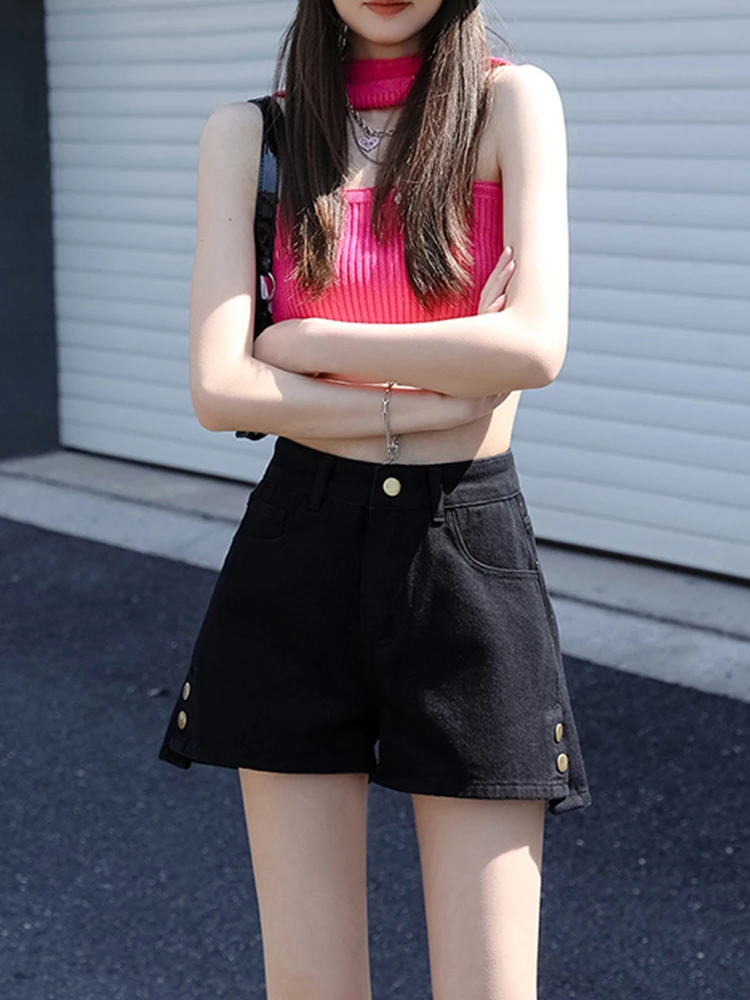 New Spring Summer Women High Waist Wide Leg Denim Shorts Streetwear Female Button Loose Jeans Shorts Bottoms
