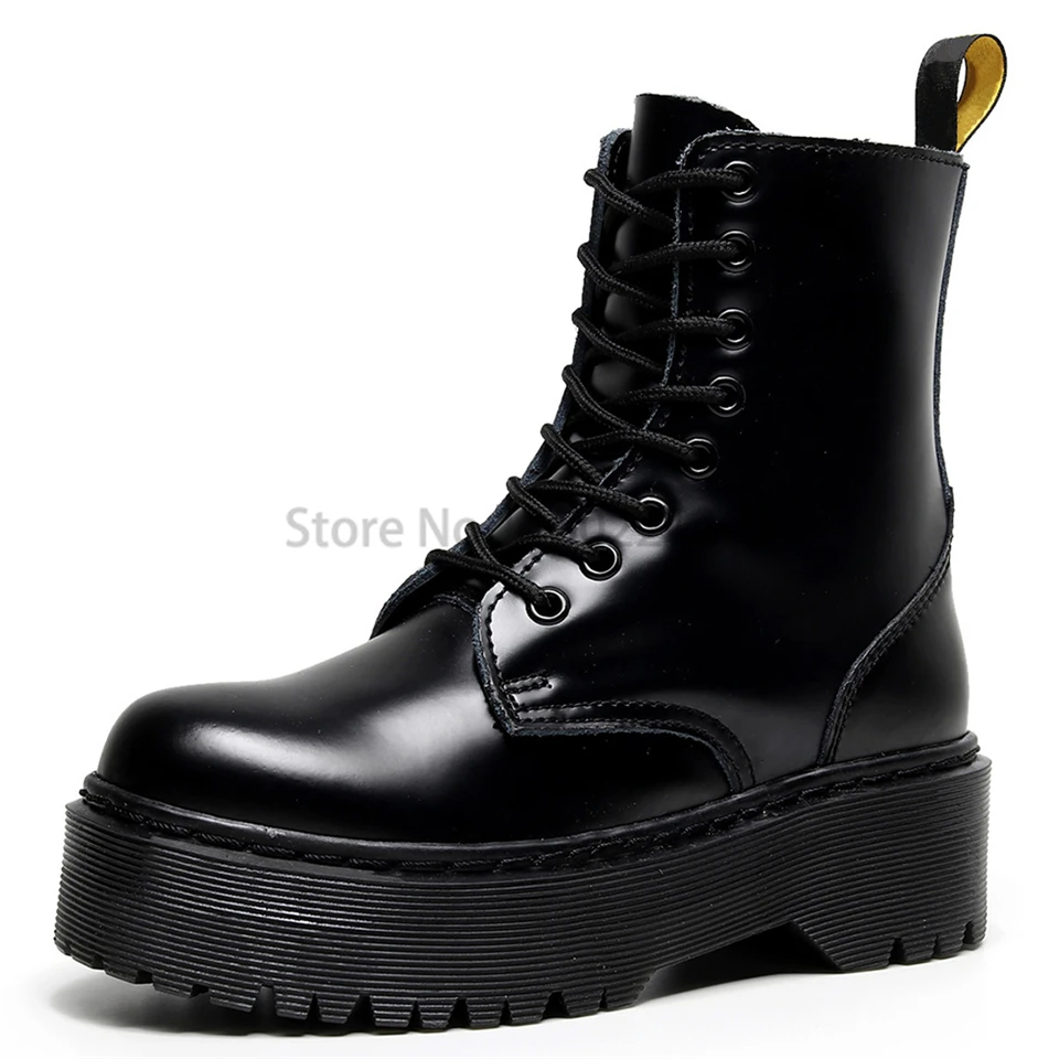 2022 New Spring Winter Fashion Women's Boots Lace Up Round Head Black Men Boots Mid Heel Square Heel Leather Boots Ladies Shoes