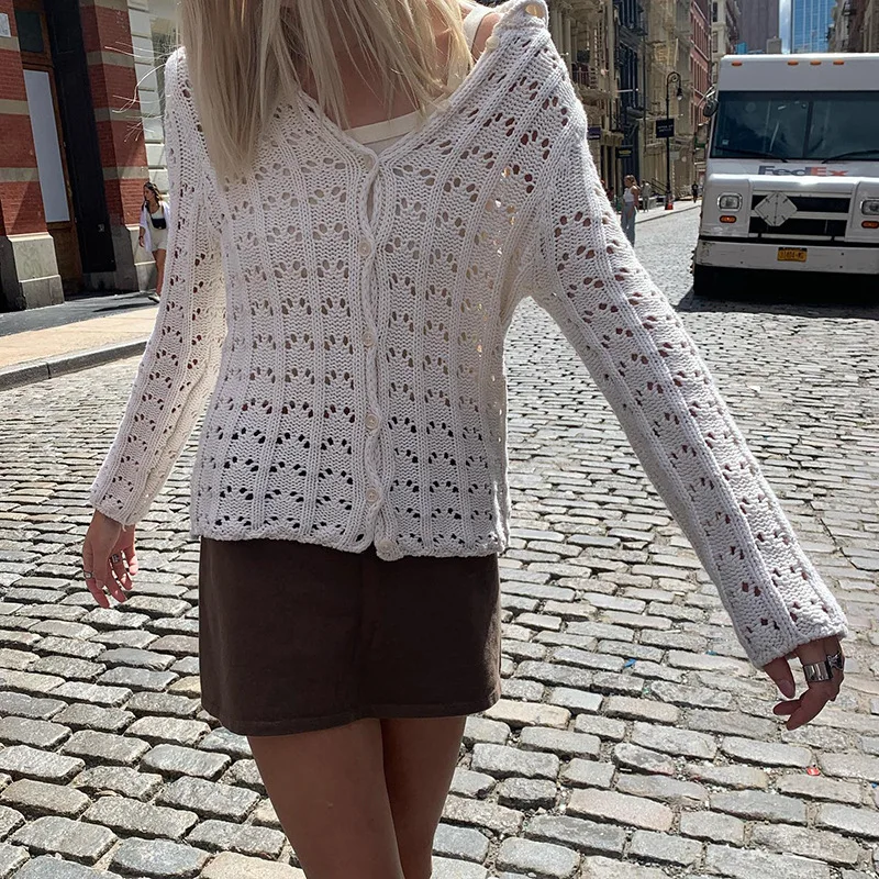 

Винтажный Свободный вязаный кардиган, свитер, женская одежда с вырезами, прозрачные рубашки Y2K, гранж, готические повседневные топы с геометрическим рисунком