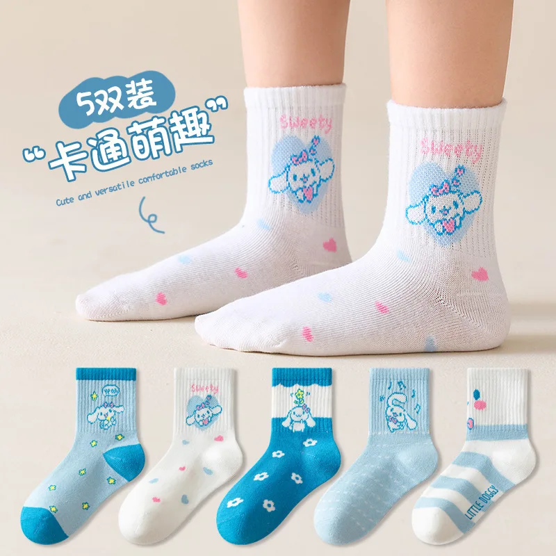 5 Pairs Cute Sanrioed Kuromi My Melody Hellokitty Cinnamoroll children's Socks Autumn Cartoon Tube Sports Cotton