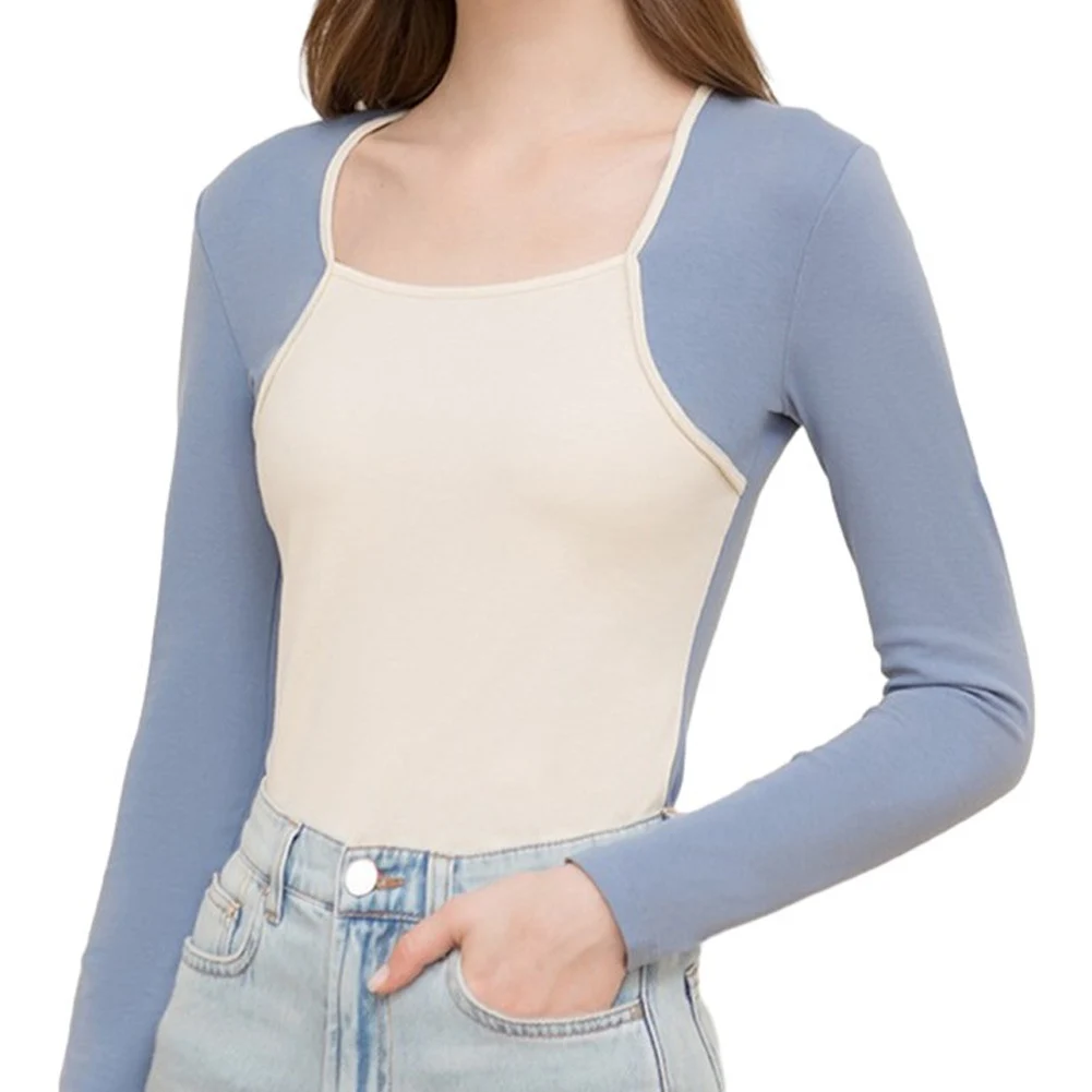 

Fashion Square Neck Slim Fit T-shirts Long Sleeves Contrast Trendy Tees Tops T Shirts Female Clothing Top For Women