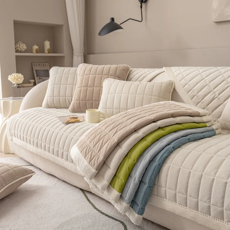 

Однотонный Бархатный Чехол для дивана в клетку, L-образный зимний чехол для 2, 3, 4 местного дивана, нескользящее полотенце с подлокотником