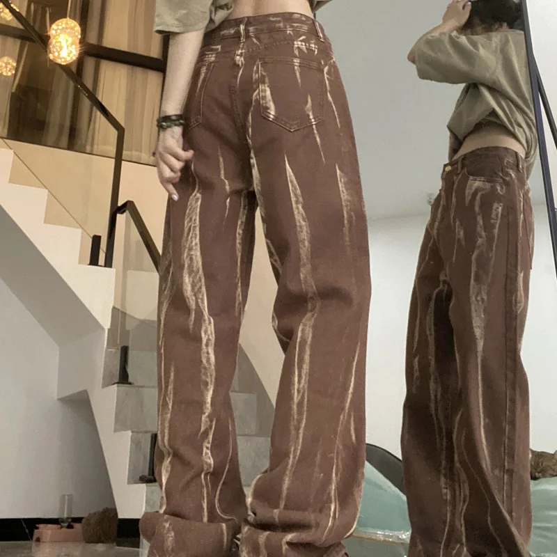 American Retro Tie Dye Brown Jeans Women Fashion Streetwear New High Waist Straight Denim Baggy Pants Female