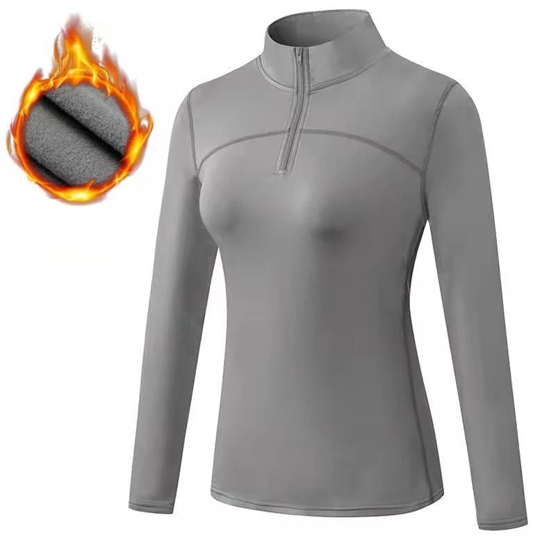 Yoga Long Sleeve Women High Elastic Tight T-Shirt Zip Neck Autumn Winter Warm Fleece Athletic Top Breathable Running Clothing
