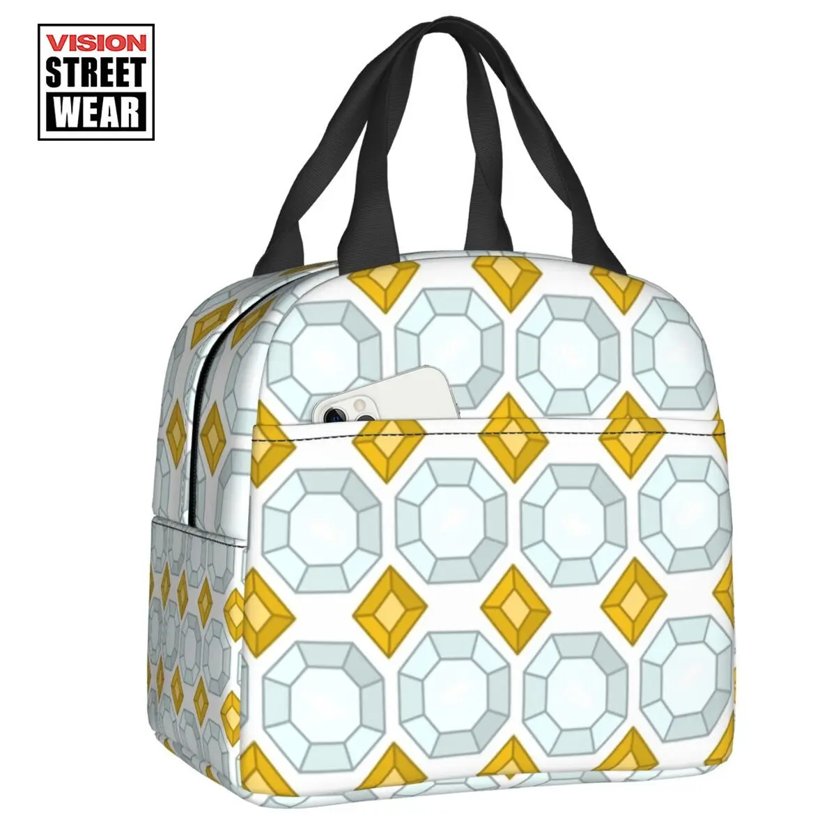 

Diamond Gemstone With Golden Accents Pattern Insulated Lunch Bag Leakproof Cooler Thermal Lunch Tote Kids School Children