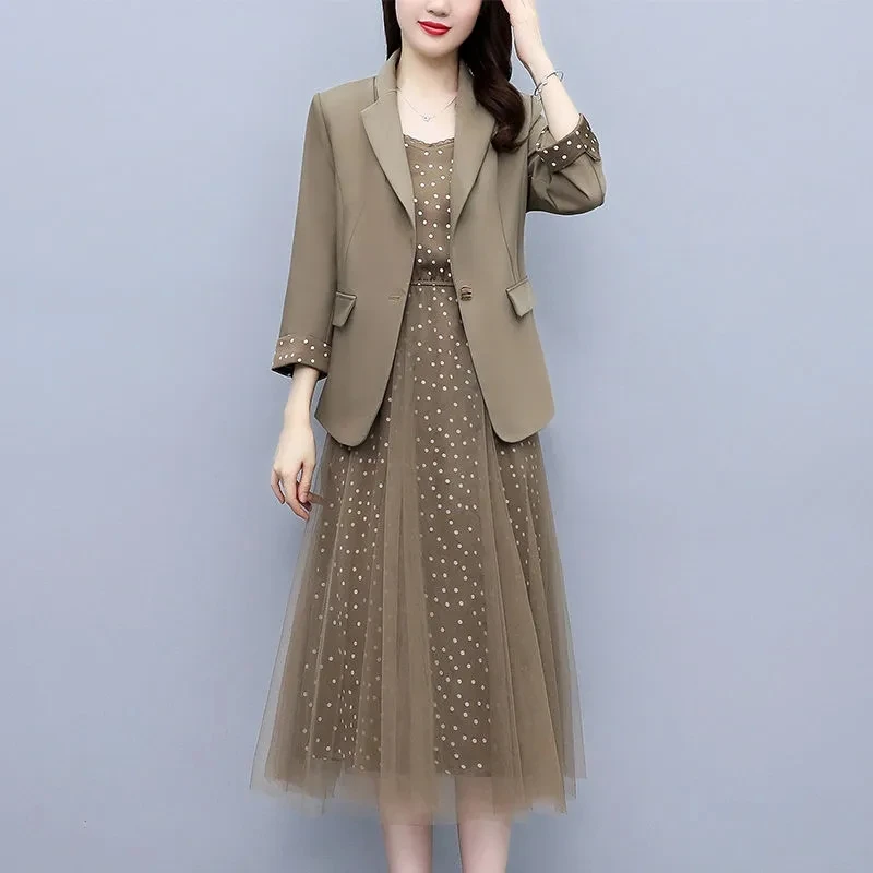 

High Quality Ladies Dress Set 2022 Spring Autumn New Women Polka Dot Print Dress @ Suit Jacket 2 Piece Female Dresses Vestidos