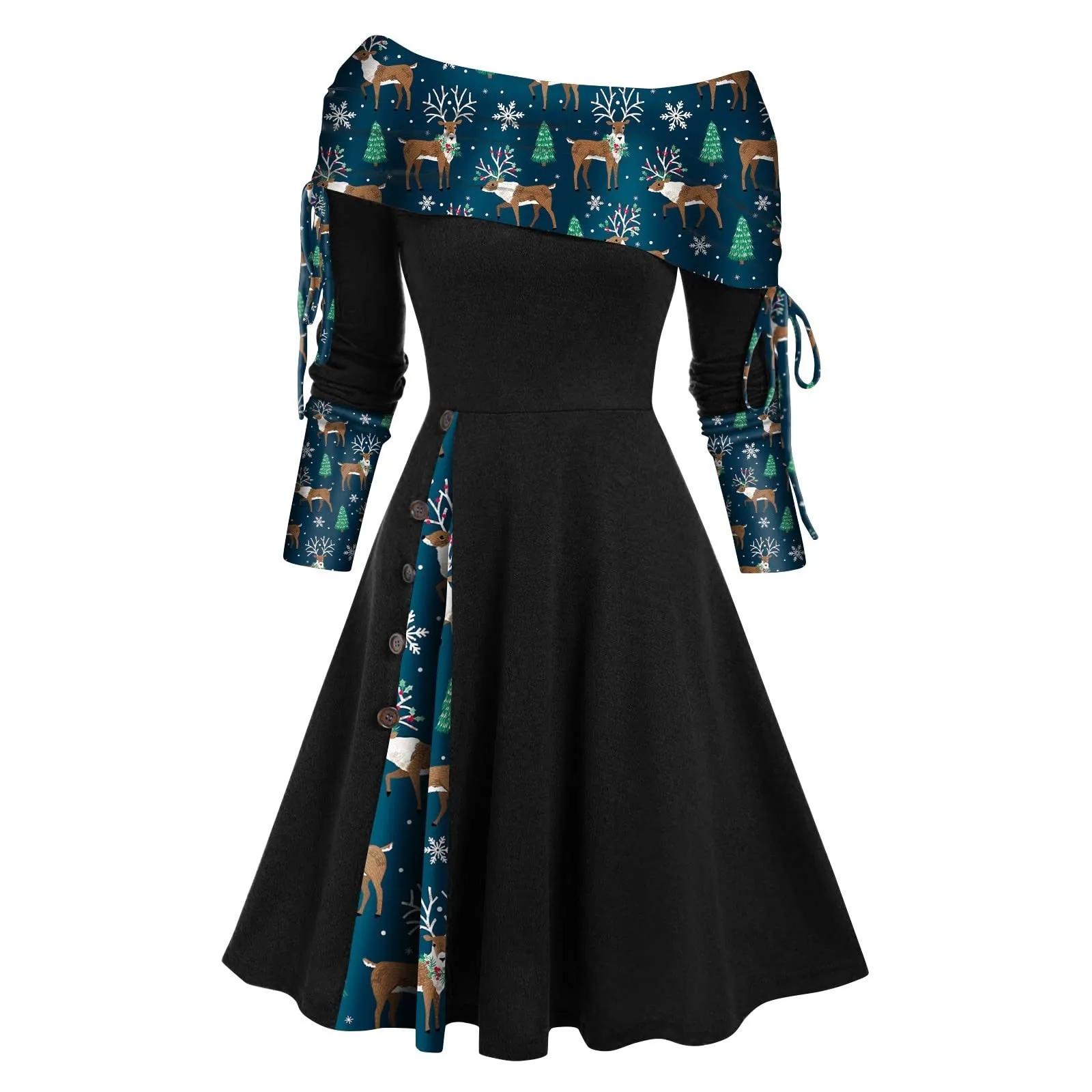

Women's Autumn And Winter Long Sleeve Off Shoulder Solid Color Christmas Print Patchwork Button Dress 4 Womens Midi Dresses