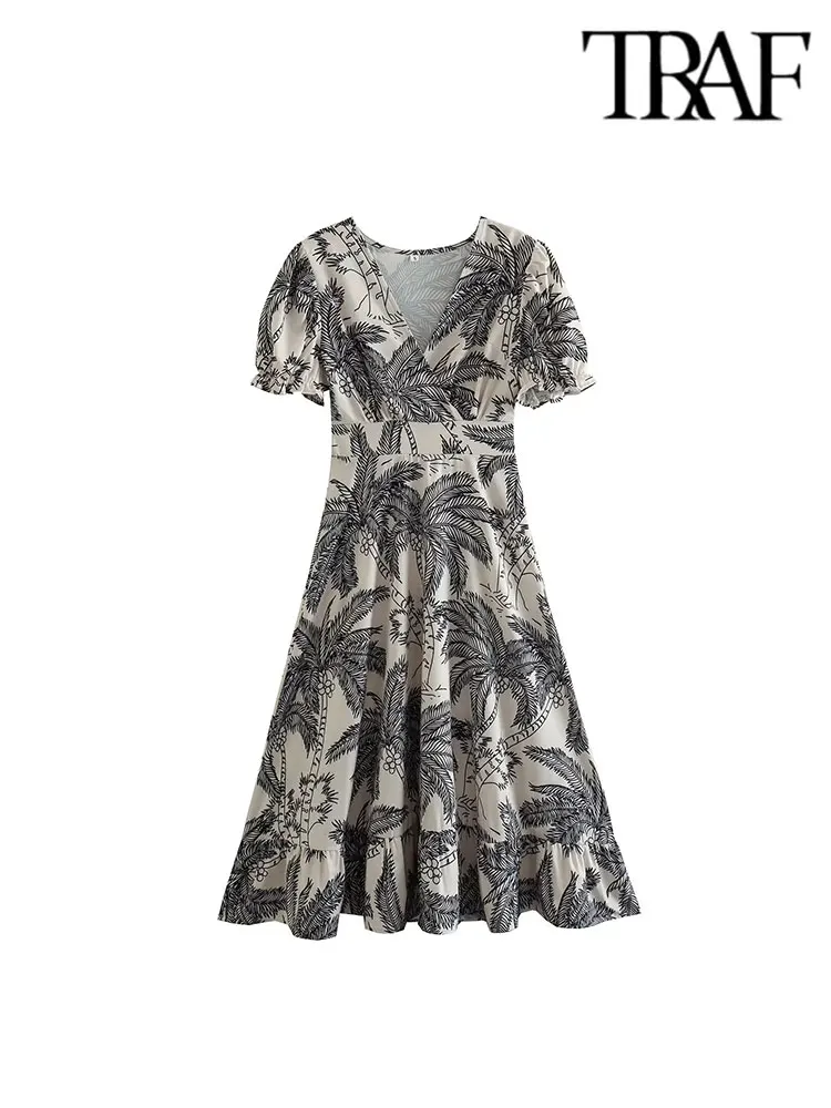 

TRAF 2023 Summer Women Chic Printed Midi Long Dresses V-neck Vintage Short Sleeve Causal Elegant Loose Dresses