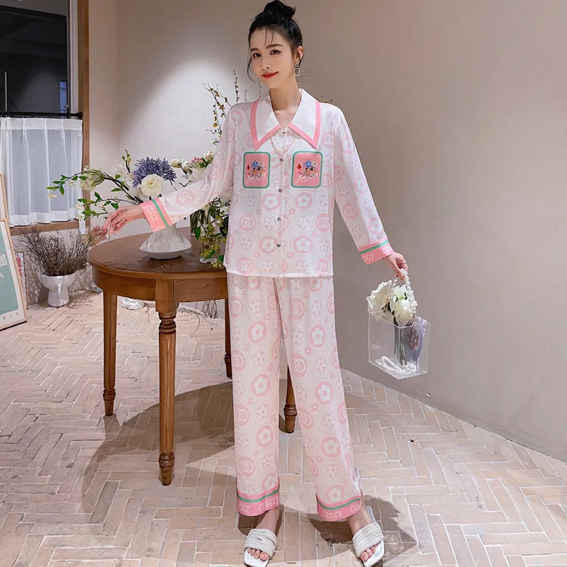 Ice Silk Pajamas Women's Suit 2023 Spring and Autumn Long-Sleeved Trousers Cardigan Printed Large Lapel Can Be Outerwear Homewea