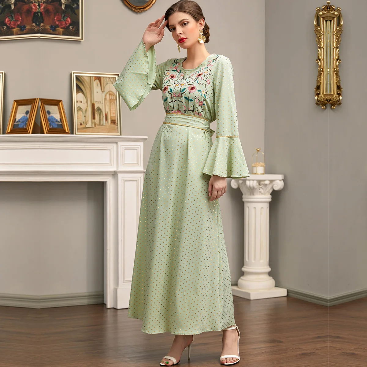 Женское длинное платье абайя, зеленое платье с высокой талией и принтом в стиле ретро, мусульманская одежда с вышивкой, весна-лето 2022