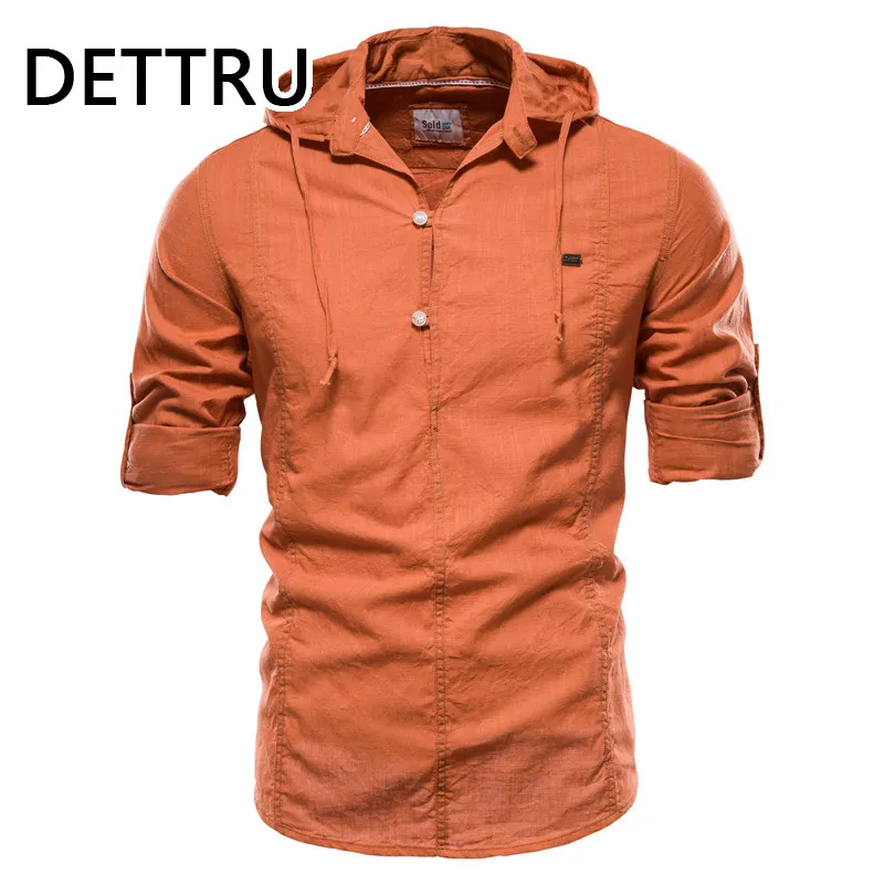 

100% Cotton New Design Hoodied Long Sleeve Linen Shirt Men Solid Color Quality Pullover Shirt for Men Streetwear Mens Shirts