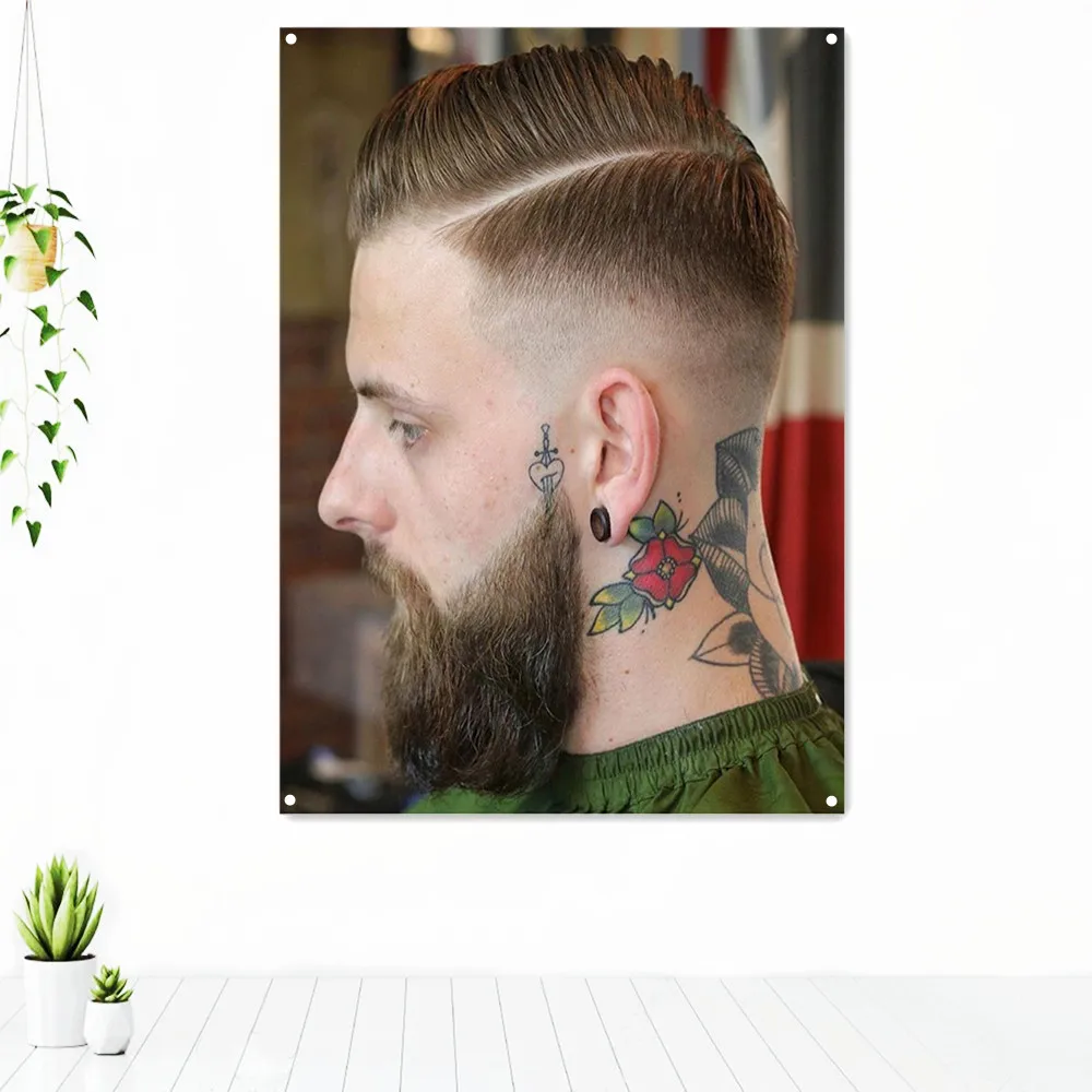 

Long Beard Side Hairstyles For Men Barbershop Decor Painting Wall Chart Neck Tattoo Art Poster Banner Wall Hanging Flag Tapestry