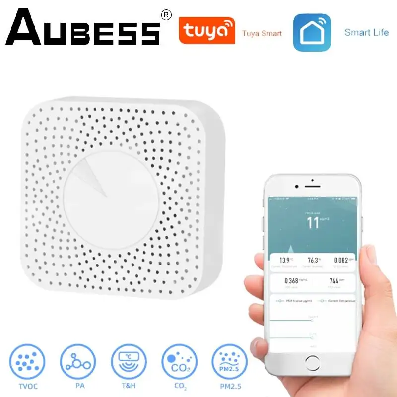

Умный датчик температуры и влажности Aubess Tuya, Wi-Fi датчик PM2.5 формальдегида, формальдегида, CO2