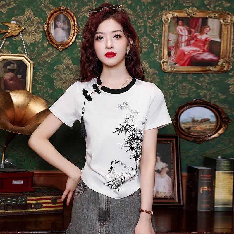 Женская блузка с коротким рукавом и круглым вырезом в китайском стиле
