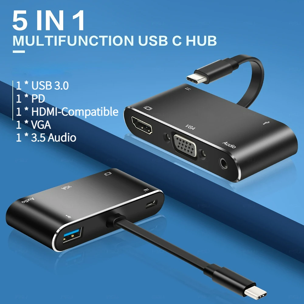 

Nku USB C Dock 5in1 Hub Thunderbolt 3 Type-C to HDMI-Compatible VGA PD USB3.0 3.5mm Jack Adapter Cable for Macbook PC Huawei P20