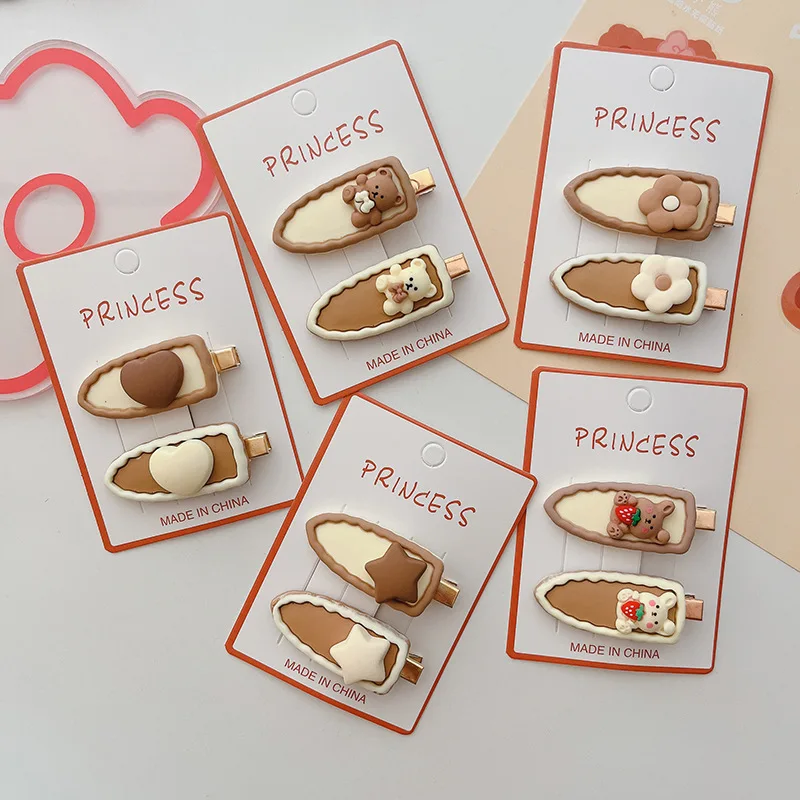 

2pcs/set Korean Milke Tea Color Hairpins for Baby Girls Cute Cartoon Bear Floral Hair Clip Bang Side Clip Baby Hair Accessories